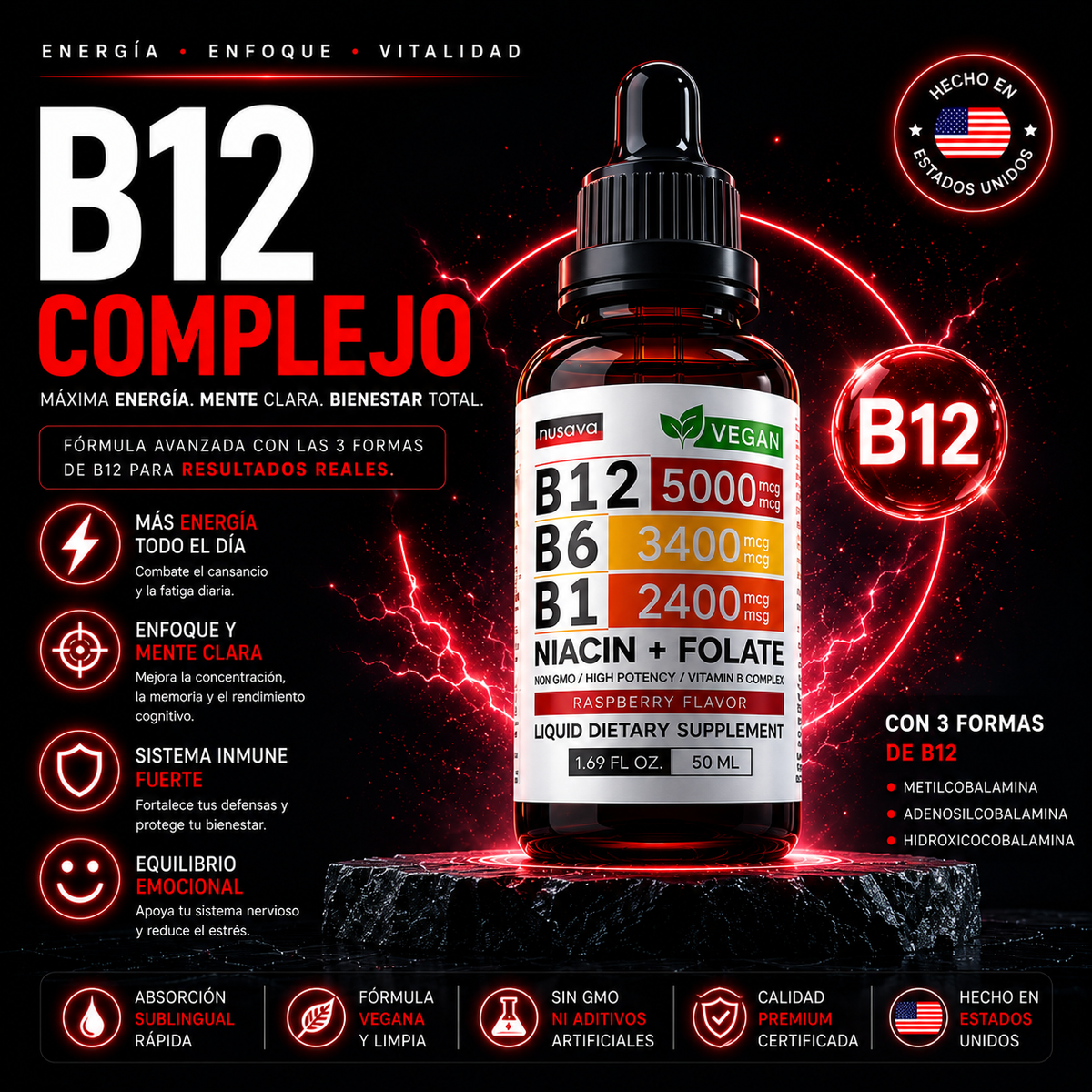 B12 Líquida Sublingual 5000 mcg | Energía y Apoyo Nervioso